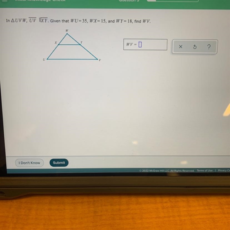 In UVW, UV IXY. Given that WU= 35, WX= 15, and WY= 18, find WV.-example-1