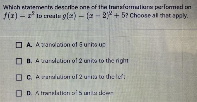 Which statements describe one of the transformations performed on f(x) = x^2 to create-example-1