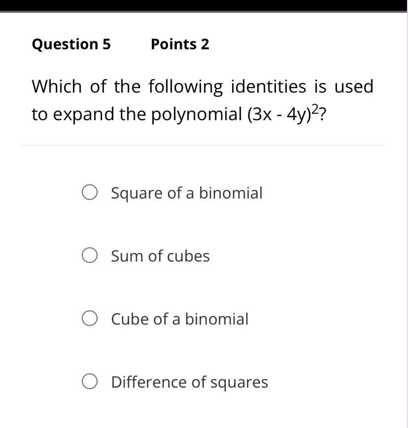 Which of the following identities is used to expand the polynomial (3x - 4y)2?-example-1