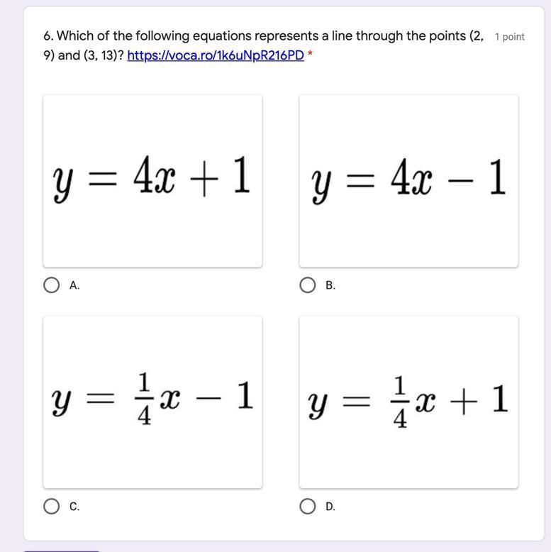 Which of the following equations represents a line through the points?-example-1