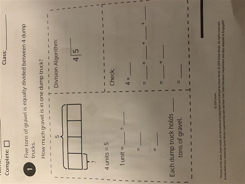 5 tons of gravel is equally divided by four dump trucks how much drag how much gravel-example-1