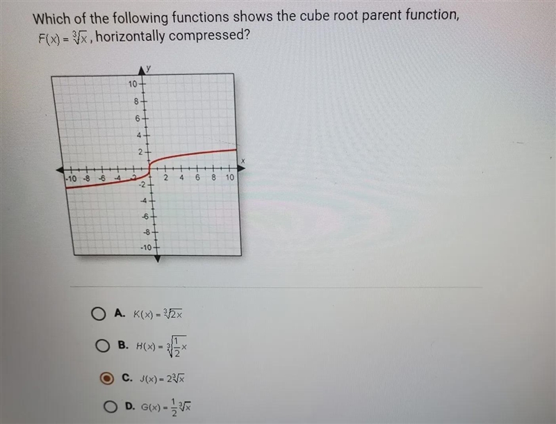 Which of the following functions shows the cube root parent function, F(x)=^3√x, horizontally-example-1