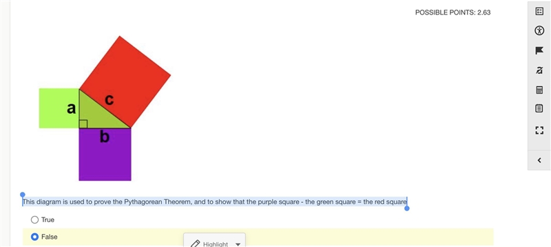 This diagram is used to prove the Pythagorean Theorem, and to show that the purple-example-1