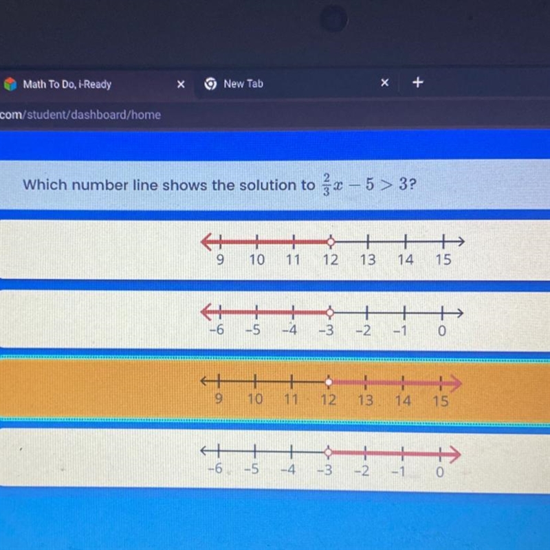 Which number line shows 2/3r - 5 > 3-example-1