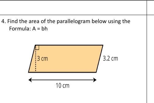 Find the area of the parallelogram below using the Formula: A = bh-example-1