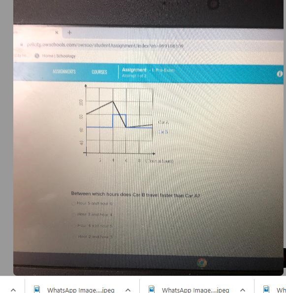 Between which hours does Car B travel faster than Car A?Hour 5 and hour 6Hour 4 and-example-1