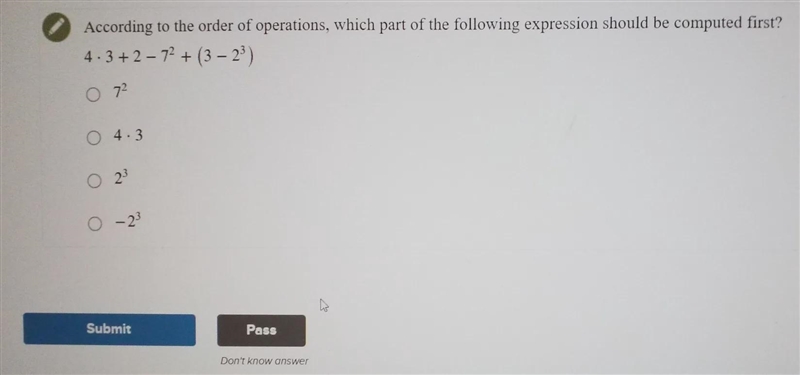 According to the order of operations, which part of the following expression should-example-1