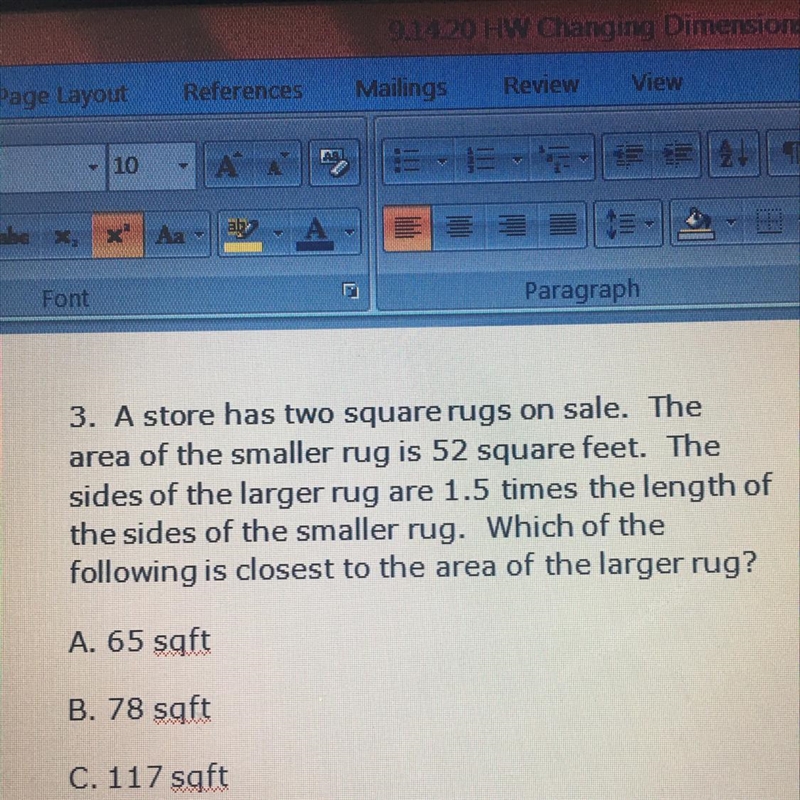 3. A store has two square rugs on sale. Thearea of the smaller rug is 52 square feet-example-1