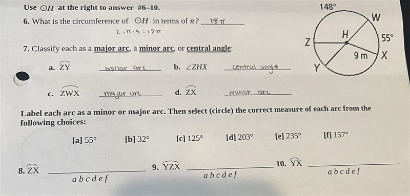 Use circle H at the right to answer question 9-example-1