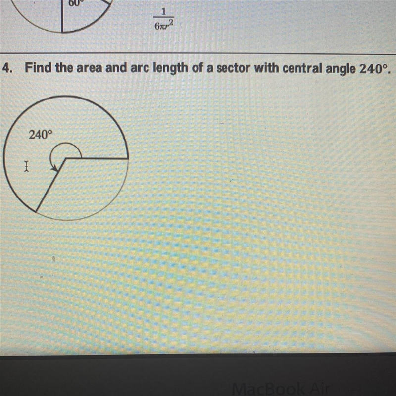 Find the area and arc length of a sector with central angle 140.-example-1