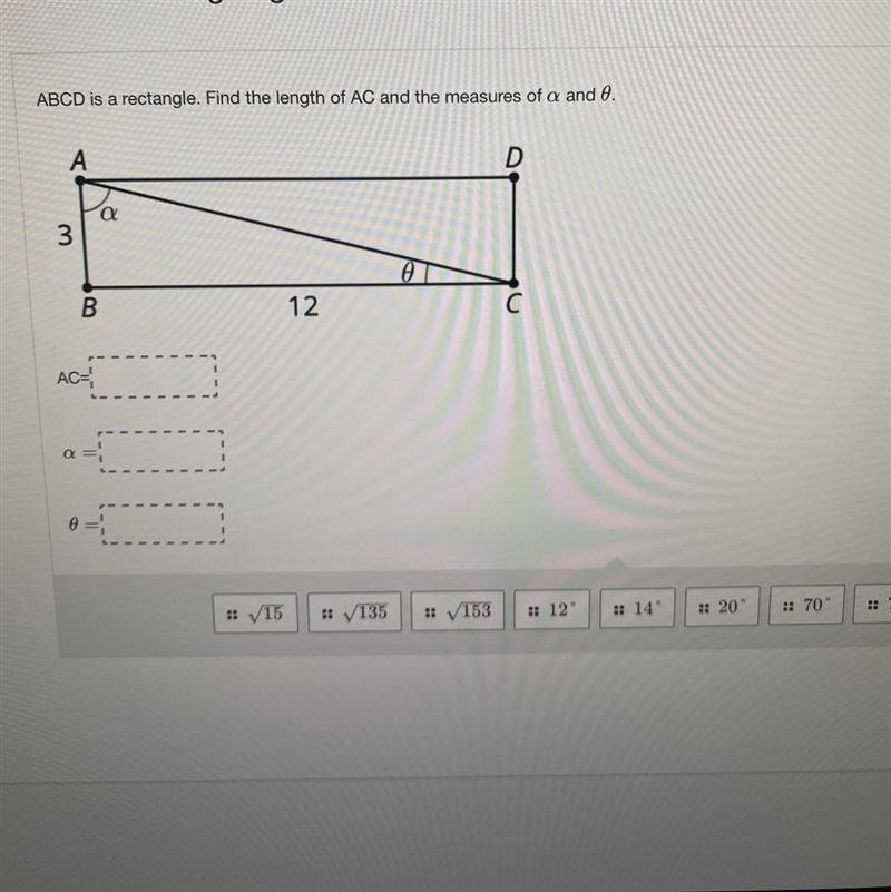 ABCD is a rectangle. Find the length of AC and the measures of a and f.-example-1