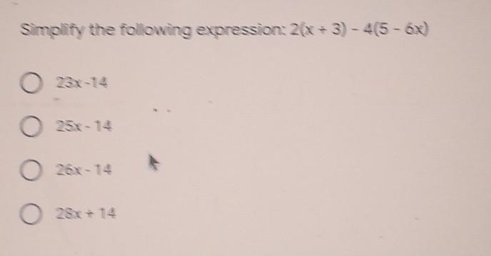 Simplify the following expression: 2(x + 3) - 4(5 - 6x)-example-1