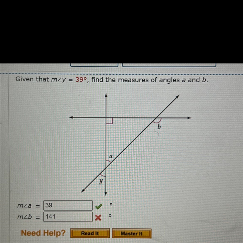 Give that m/_ y=39, find the measures of angles a and b-example-1