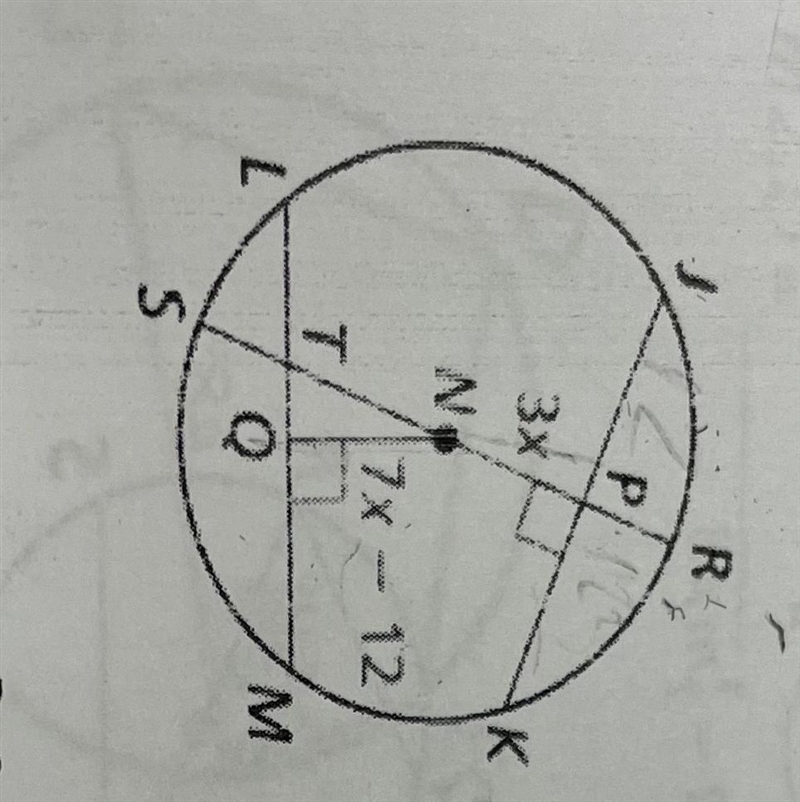 In the diagram, JK = LM = 24, NP= 3x, and NQ = 7x- 12. Find the radius of ON.-example-1