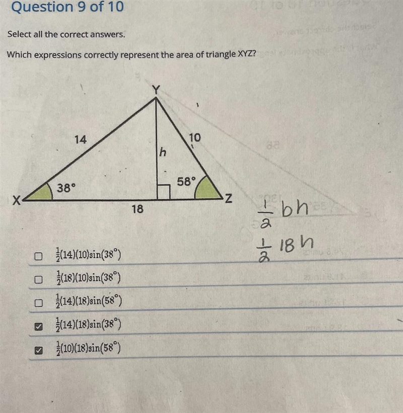 Which expressions correctly represent the area of triangle XYZ. XY=14, YZ=10, ZX=18, angle-example-1