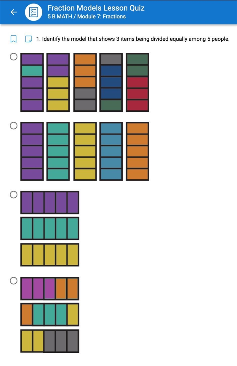 Identify the model that shows 3 items being divided equally among 5 people.-example-1