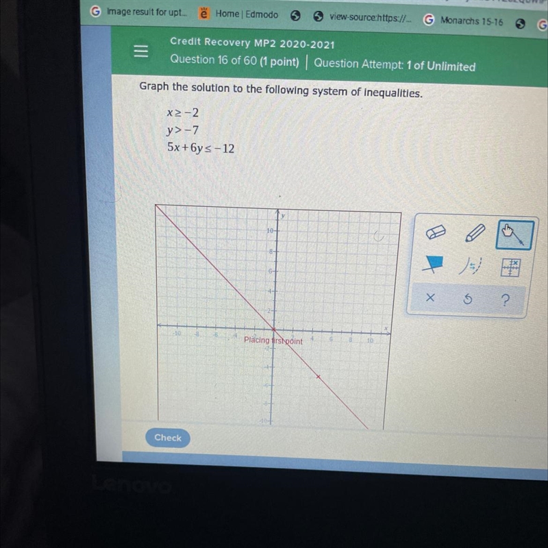 Graph the solution to the following system of inequalities x >= - 2 y > - 7 5x-example-1