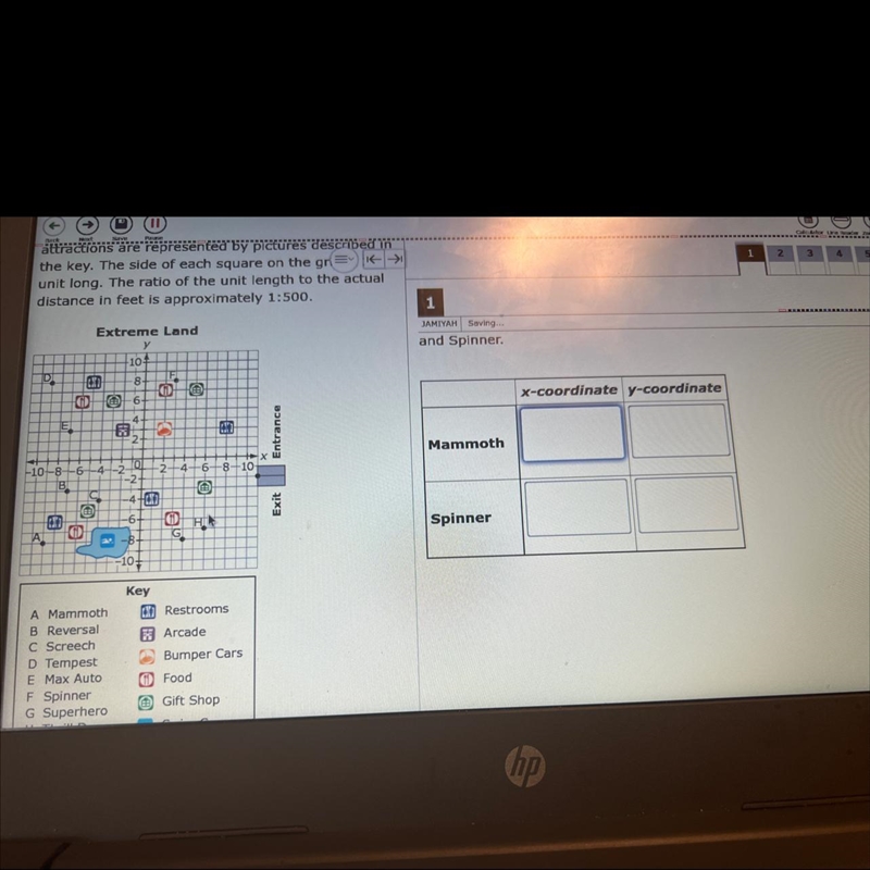 Look at the map. Complete the table to show the coordinates of Mammothand Spinner-example-1