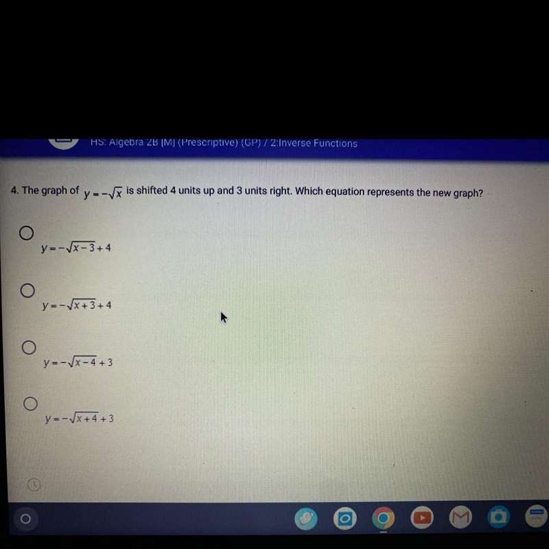 The graph of y=x is shifted 4 units up and 3 units right. Which equation represents-example-1