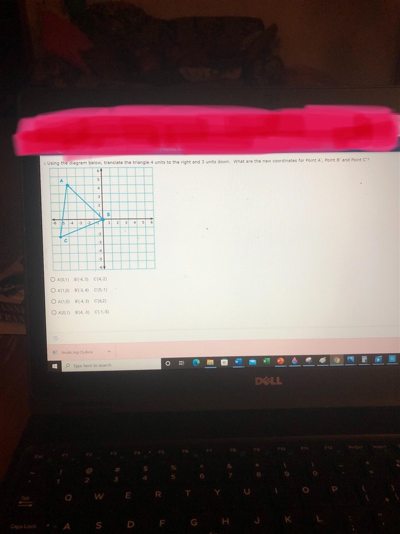 2. Using the diagram below, translate the triangle 4 units to the right and 3 units-example-1