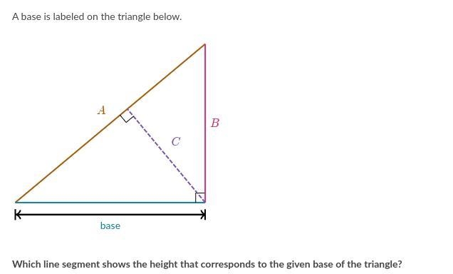 A base is labeled on the triangle below. Which line segment shows the height that-example-1