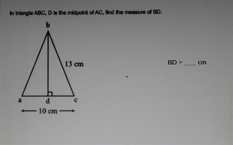 In triangle ABC, D is the midpoint of AC, find the measure of BD.-example-1