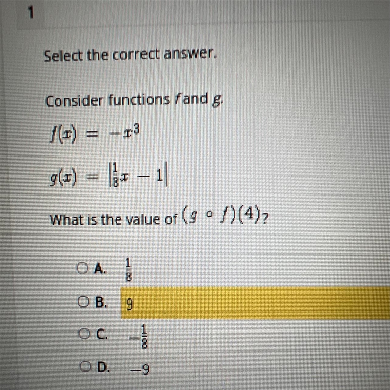 Consider functions fand g.¡(I) =-23g(I)- 1What is the value of (g o /) (4),OA.}O B-example-1