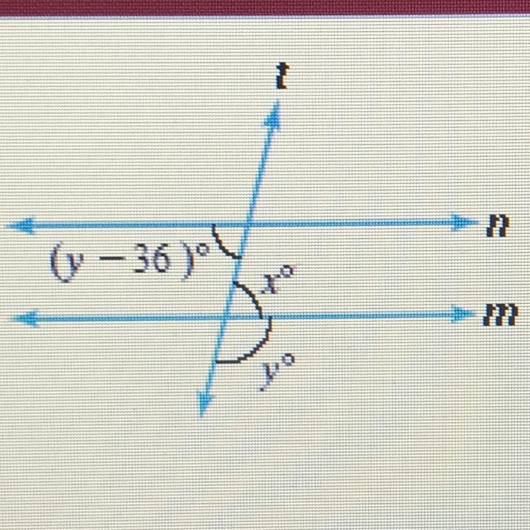 The value of X is 36 degrees less than the value of y. Find the values of X and Y-example-1