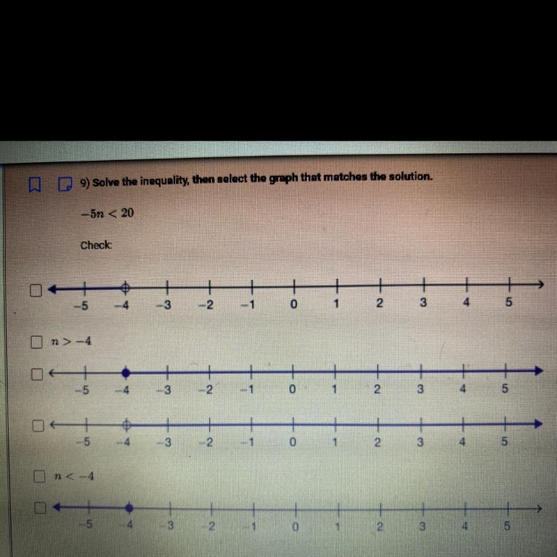 Solve the inequality, then select the graph that matches the solution.-5n < 20CheckMultiple-example-1