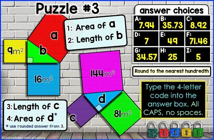 Pythagorean Theorem Digital Escape! Room 3 Can you find the lengths and areas and-example-1