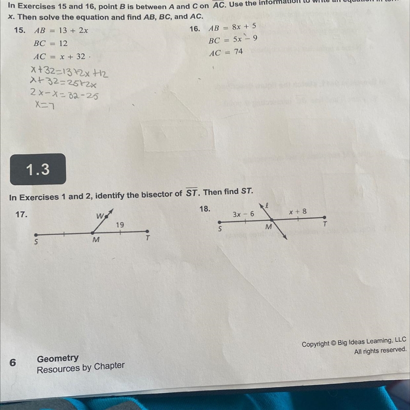 ST=12In Exercises 15 and 16, point B is between A and C on AC. Use the information-example-1