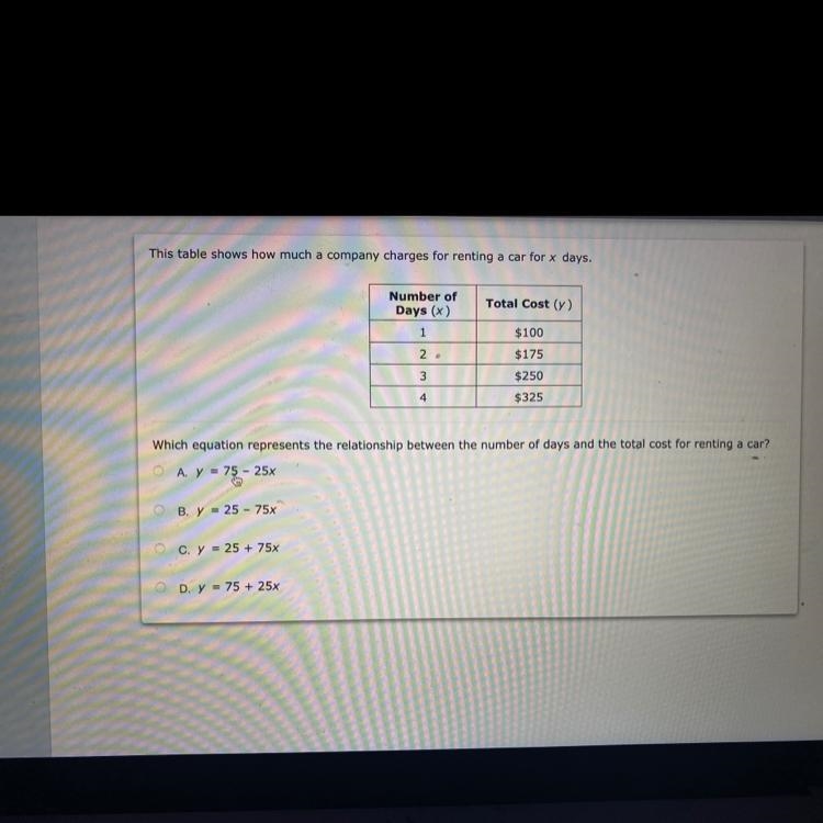 The table shows how much a company charge for renting a car for x days?-example-1