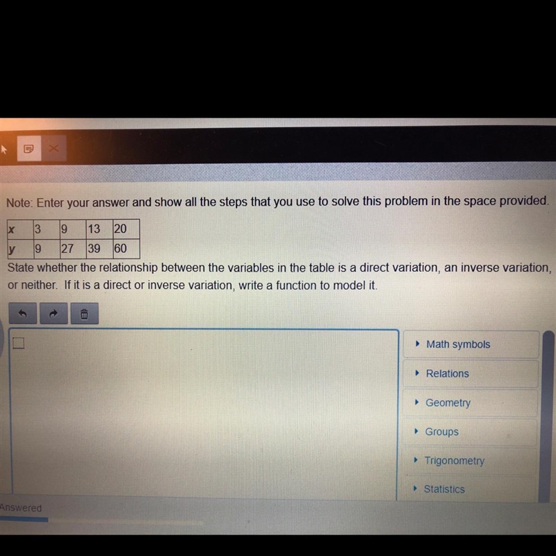 State whether the relationship between the variables in the table is a direct variation-example-1