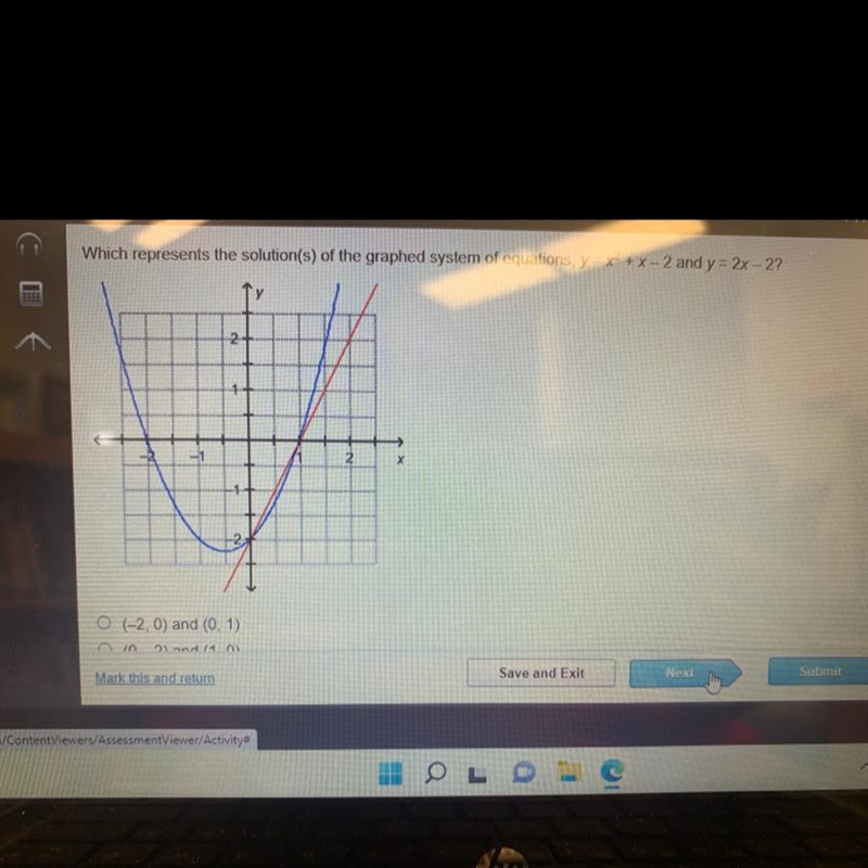 Which represents the solution(s) of the graphed system of equations, y = x² + x-2 and-example-1