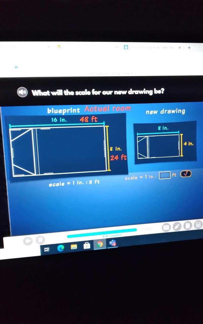 3) What will the scale for our new drawing be? new drawing blueprint Actual room 48 ft-example-1