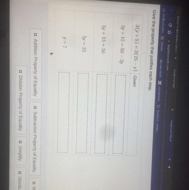 Give the property that justifies each step.3(y+5)=2(25-y) Given3y +15=50-2y5y +15=505y-example-1