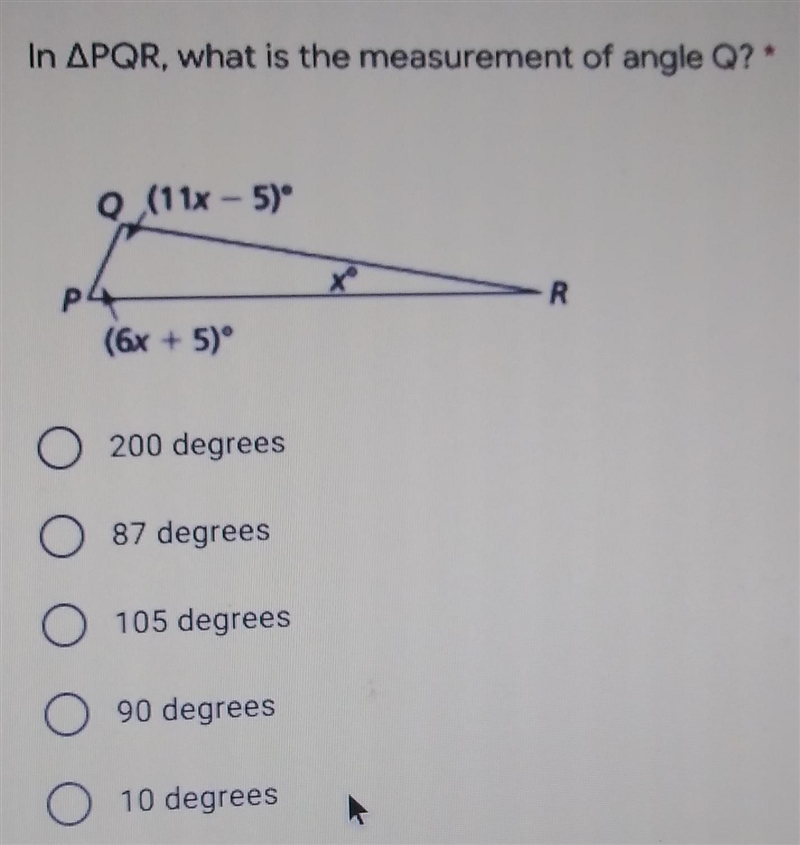 In pqr, what is the measurement of angle Q? 200 degrees871059010-example-1