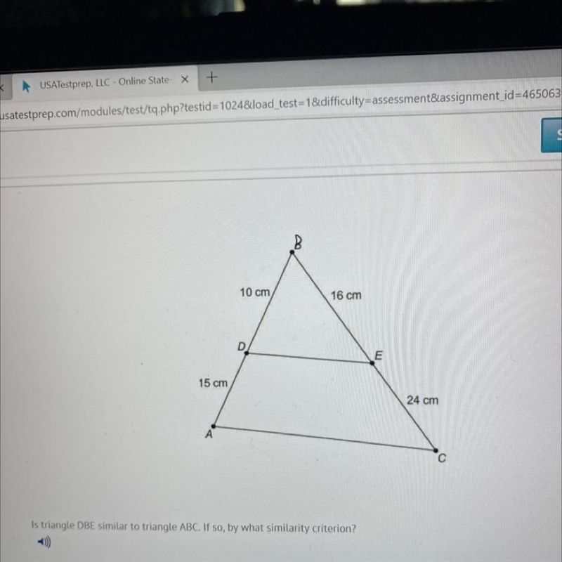 HELP ME PLEASE!! Is triangle DBE similar to triangle ABC. If so, by what similarity-example-1