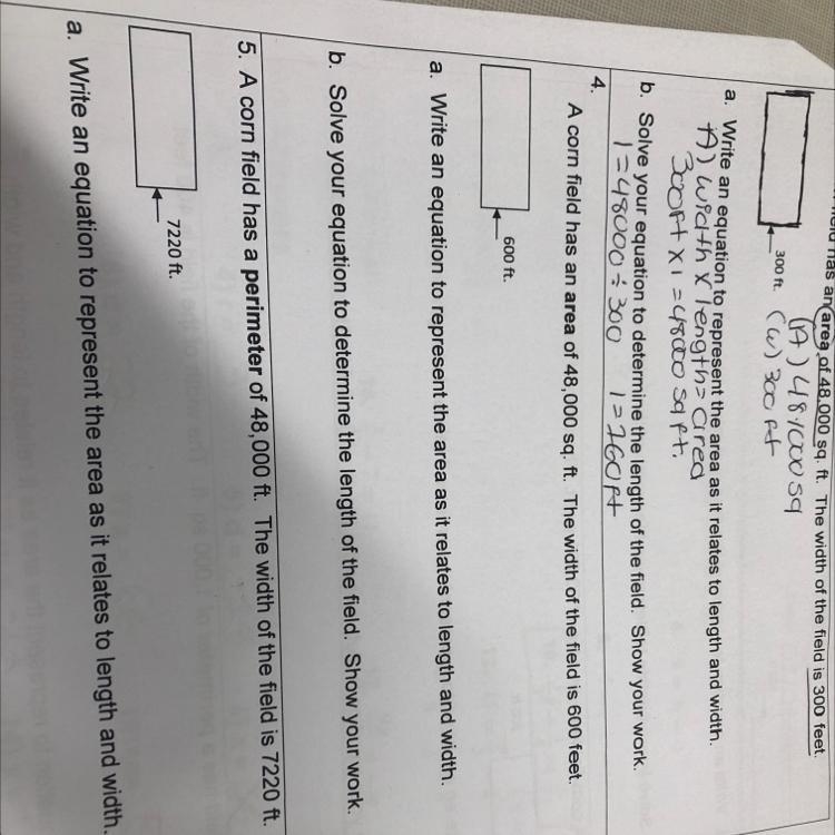 A corn field has an area of 48,000 sq. ft. The width of the field is 600 feet.-example-1