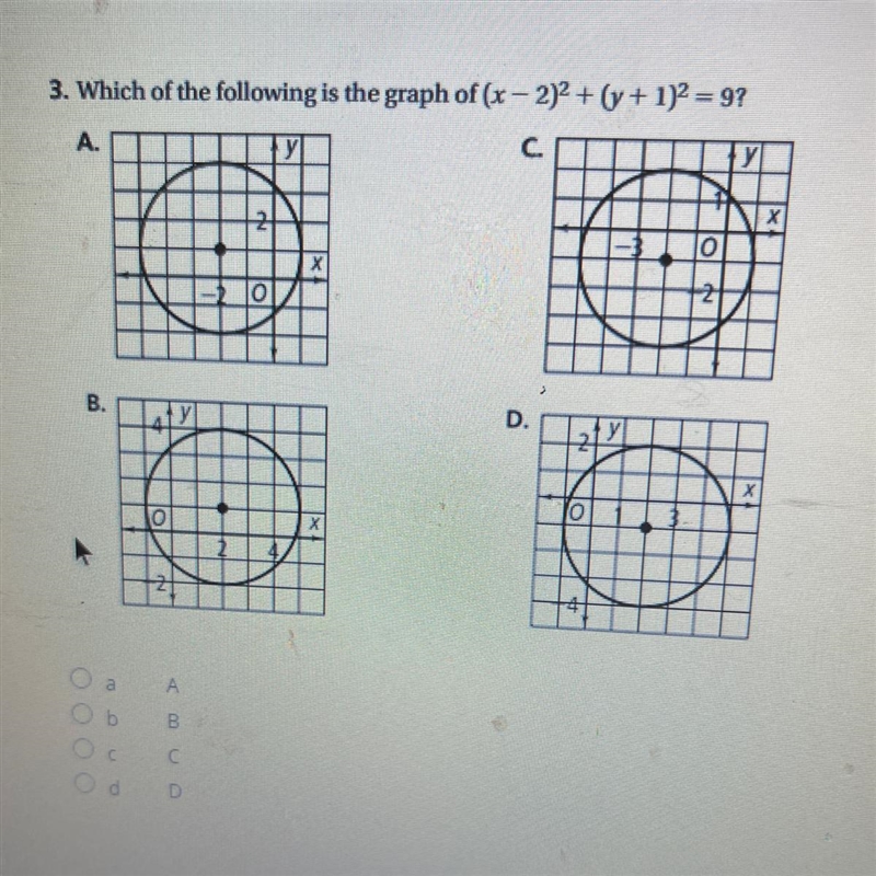 3. Which of the following is the graph of (x - 2)2 + (y + 1)2 = 9? А. с. ТУ В. АУ-example-1