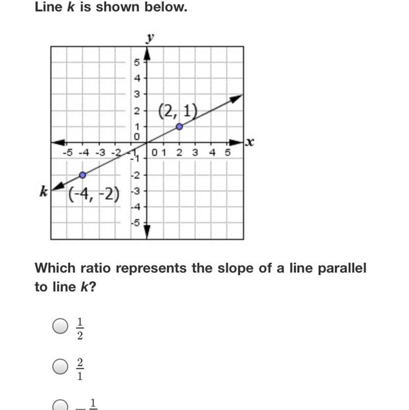 Line k is shown below.Vai4 321 (2, 1)x-5 -4 -3 -2I NON0 1 2 3 4 5k(-4,-2) 3-5Which-example-1