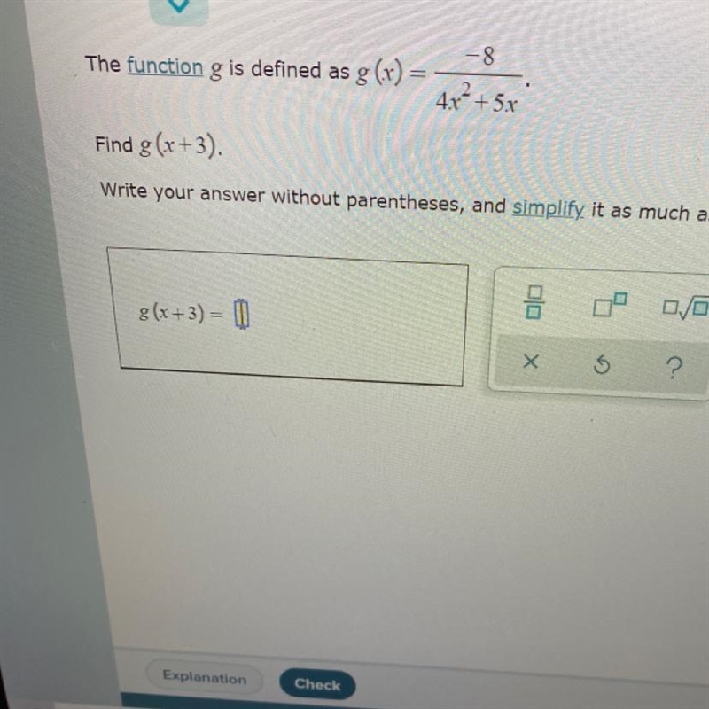 Find g(x+3) Write your answer without parentheses, and simplify as much as possible-example-1