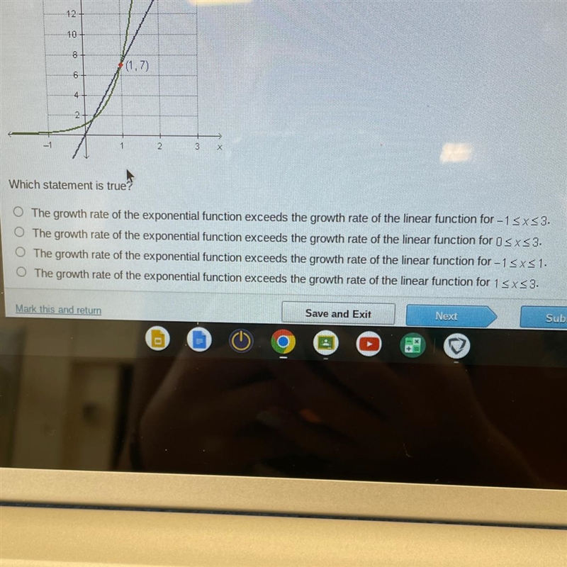 ^ The graph below shows the graphs of the linear function = 7x and the exponential-example-1