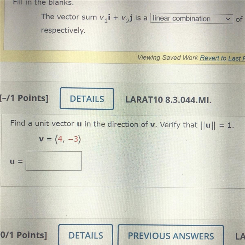 Find a unit vector u in the direction of v. Verify that ||0|| = 1.v = (4, -3)U =-example-1