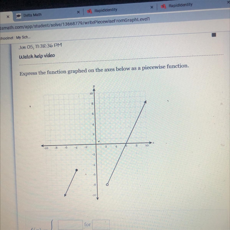 Express the function graphed on the axes below as a piecewise function.108642-10-8-6-4-22416810-4-6-8-10-example-1