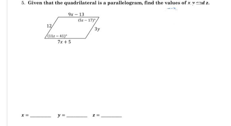 Given that the quadrilateral is a parallelogram, find the values of x, y and z.-example-1