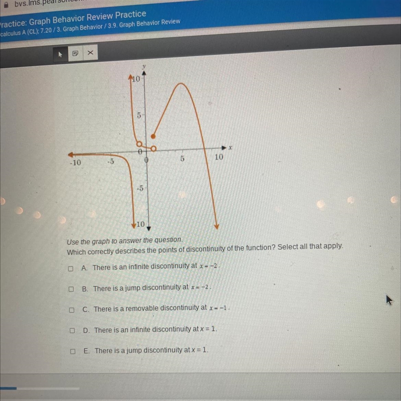 Use the graph to answer the question.which correctly describes the points of discontinuity-example-1