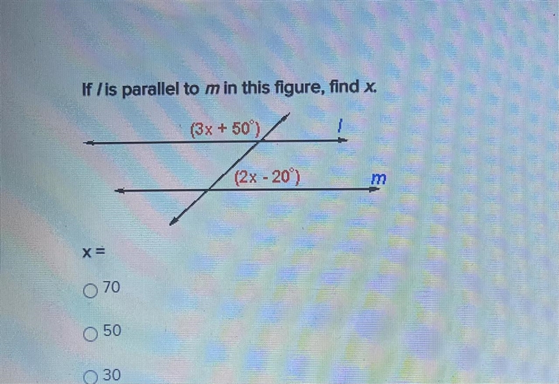 If l is parallel to m in the following figure, find the measure of x-example-1