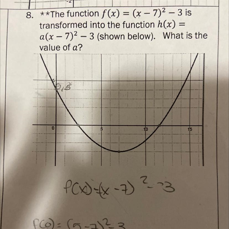 **The function f(x) = (x - 7)^2 - 3 istransformed into the function h(x)=a(x- 7)^2 - 3 (shown-example-1