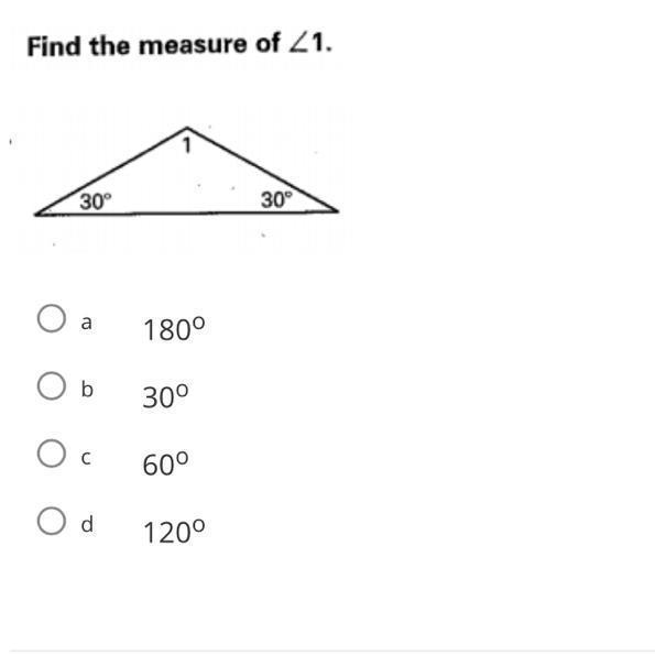 Find the measure of ∠ 1 a 180° b 30° c 60° d 120°-example-1